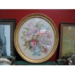 Oval Needlework Floral Panel, after J.M.W. Turner, engraving of a docking ship, two prints (4).