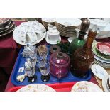 Cranberry Glass Oil Lamp, (lacking chimney), silvered green glass decanter and tots, pin cushion