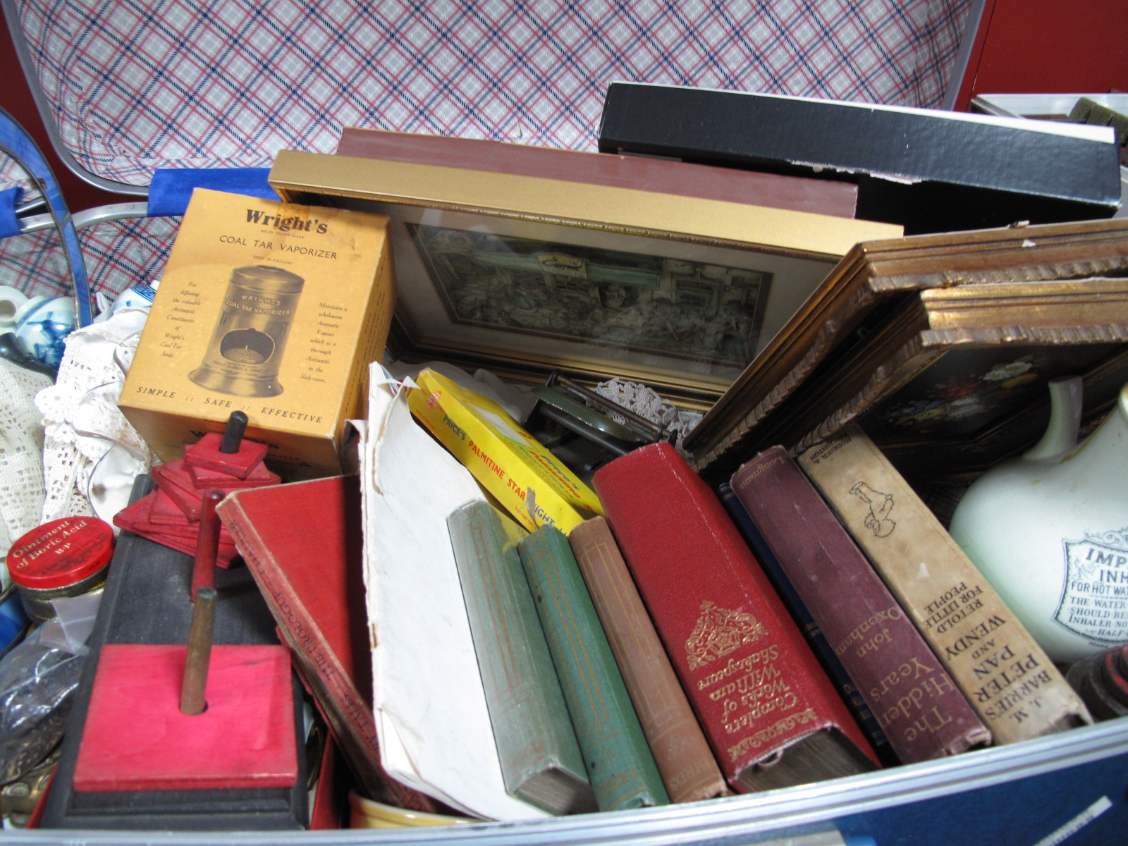 Pair of R. Rosini Oils, books, coal tar Vaporizer, Wedgwood plate, etc in case.