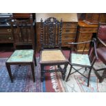 An Early XX Century Oak Hall Chair, having vine carving, rail back chair and corner chair with