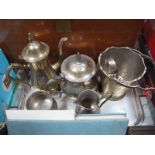 A Five Piece Silver Plated and Engraved Tea Set, ice bucket and tongs:- One Tray