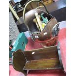 A Victorian Copper Coal Helmet, with brass swing handle containing DIY tools and a mahogany book