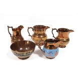 Four XIX Century Copper Lustre Jugs, each with scroll handle, together with a similar bowl.