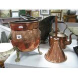 XIX Copper Helmet Shaped Coal Scuttle, XIX Century Copper Kettle, copper jardiniere on brass paw