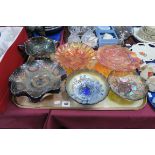 Six Carnival Glass Dishes, and two handled bowl:- One Tray