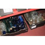 Blue Glass Bottles, pressed glass bowls, vases, etc:- Two boxes.