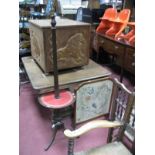 A Walnut Framed Fire Screen, with needlework inset panel and a mahogany standard lamps. (2)