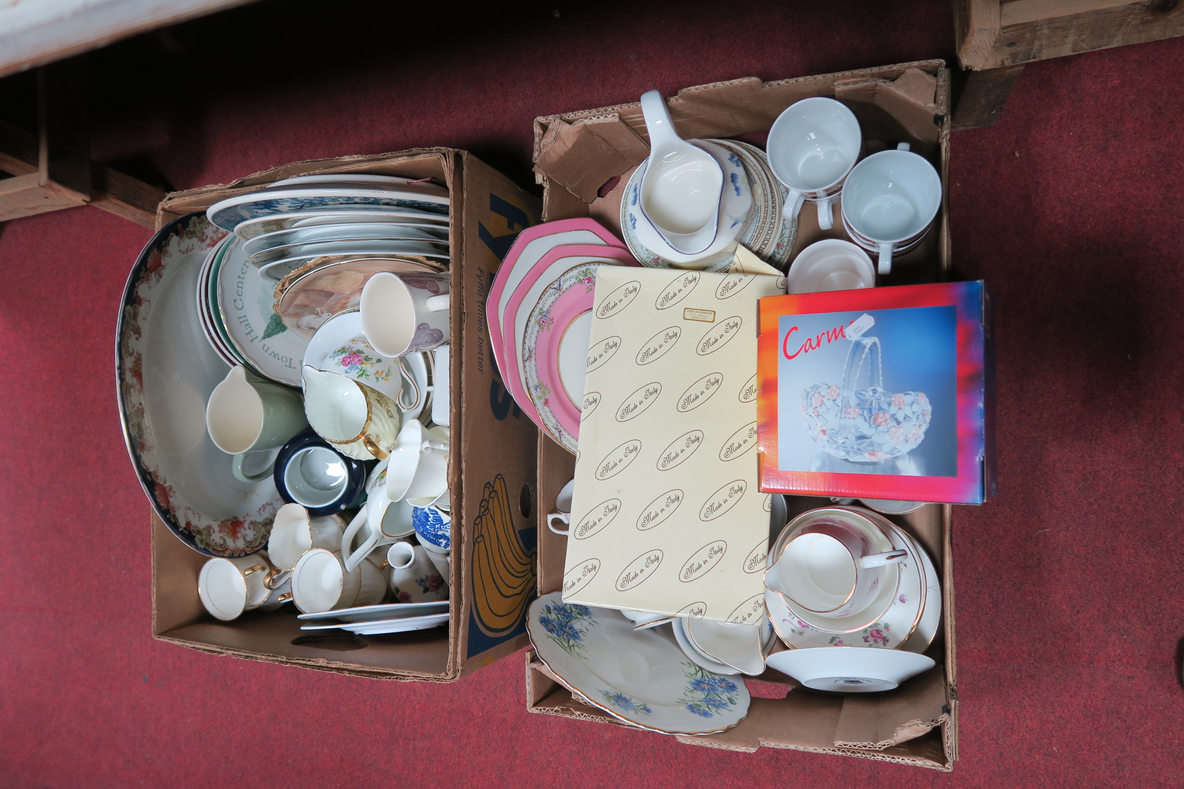 A Royal Vale Crown Staffordshire and Other Teaware, collectors plates, other china, etc:- Two Boxes