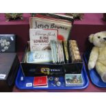 Cigarette and Trade Cards, sheet music, silver first aid and other badges, medals:- One Tray