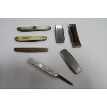Decorative Mother of Pearl Folding Knife, with shaped scales; together with a hallmarked silver
