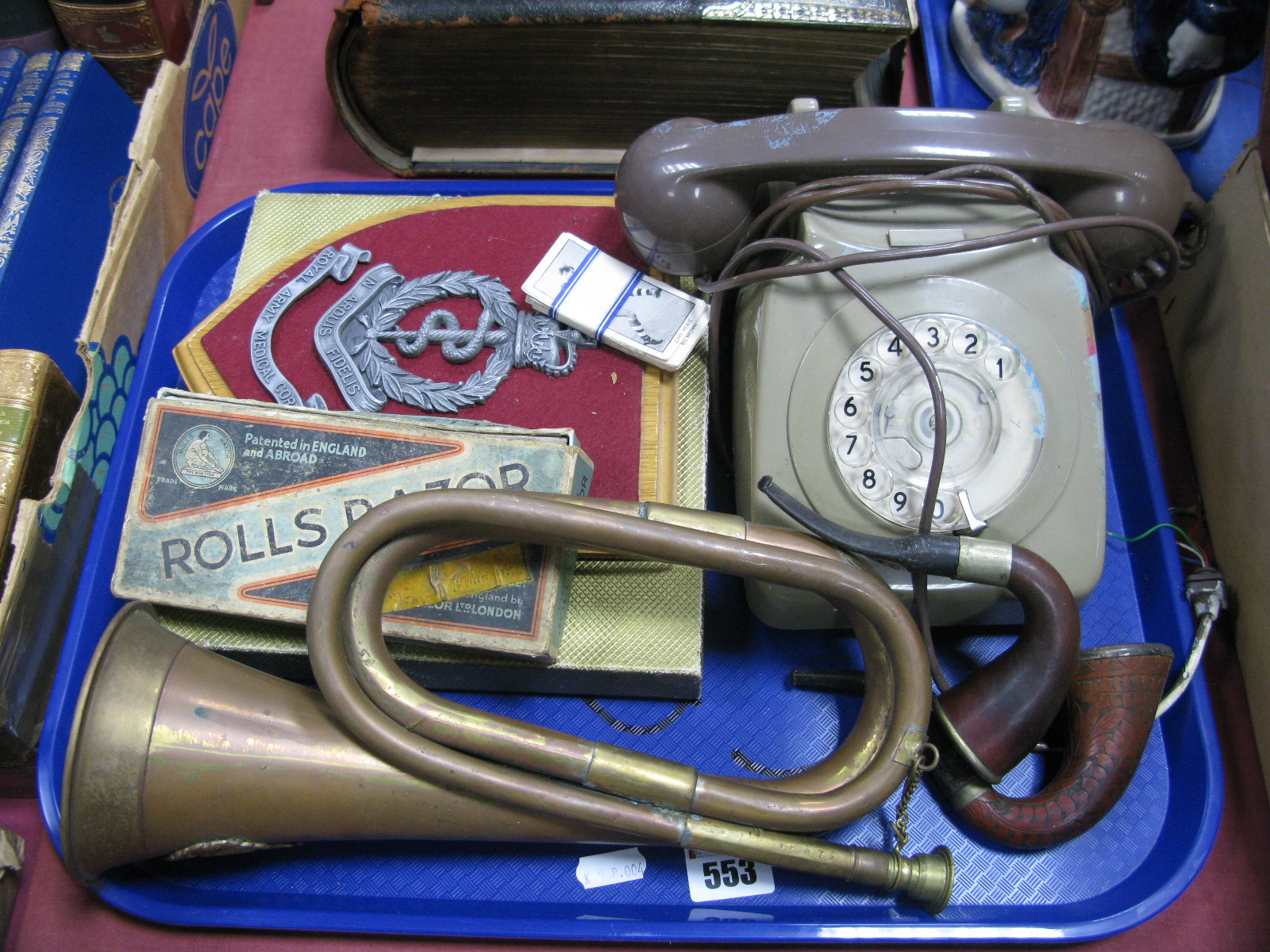 An Anvil Telephone 746F DFM 73/1, bugle, smokers pipes, razor, trade cards, etc:- One Tray