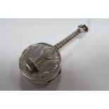 A Modern Novelty Hallmarked Silver Banjo Pill Box, (import marks), C. J. Vander, London 1998, 7cm