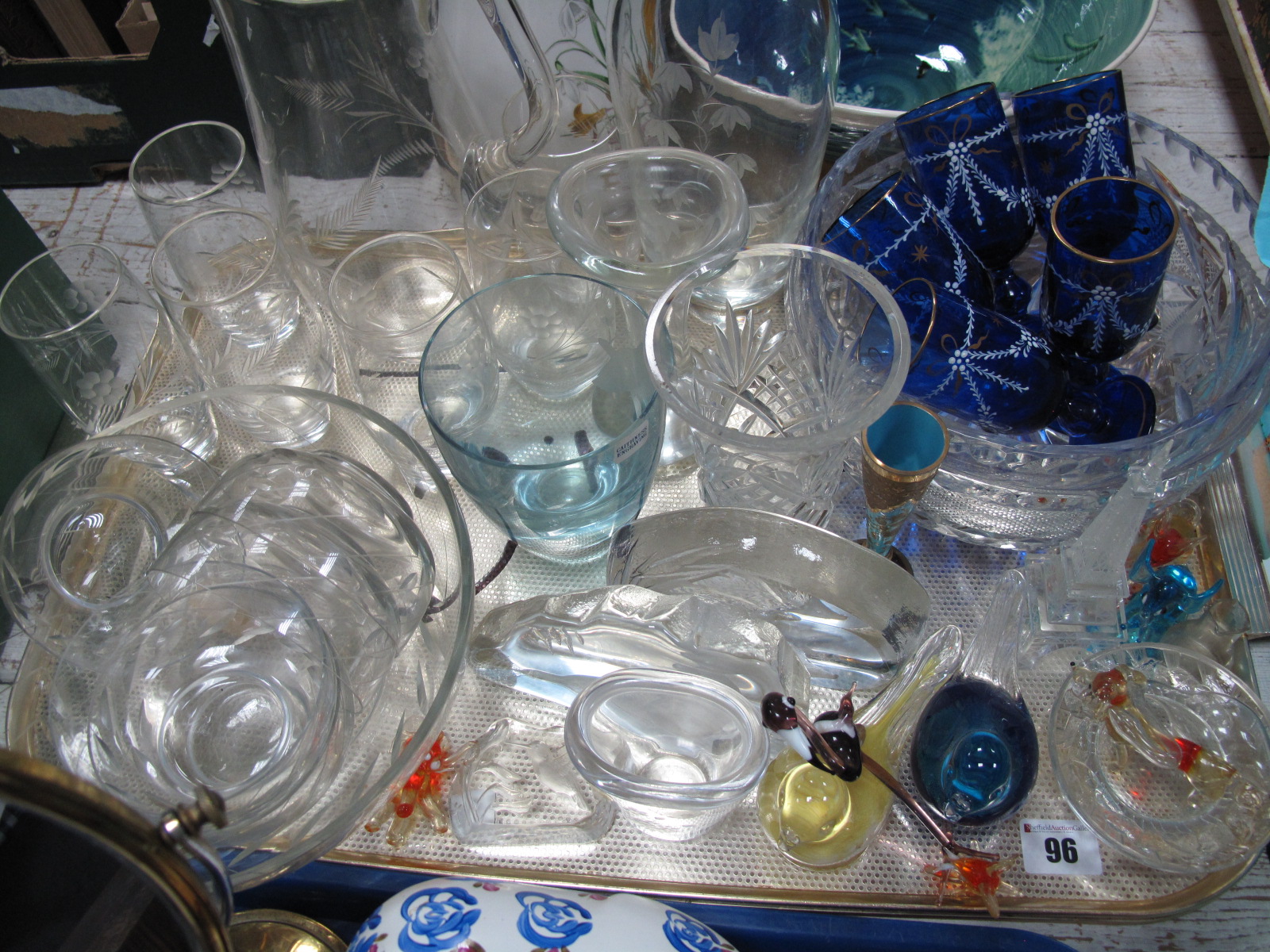 A Lemonade Set, Caithness, engraved and other vases, Mats Jonasson paperweights and other glass