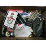 A Quantity of Military Buttons and Cloth Badges, toy confectionery, maps, etc. contained in a wooden