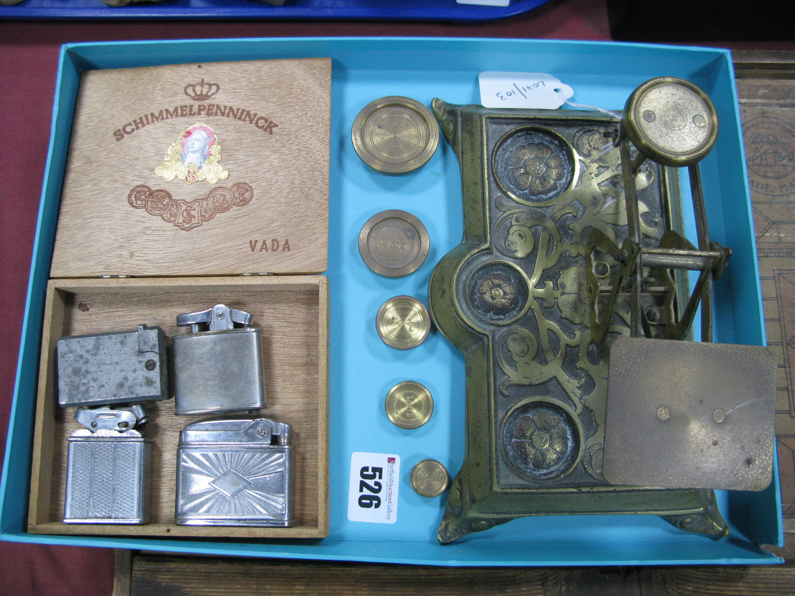 Brass Postal Scales, complete with weights; together with Mosda, Ronson and other lighters.