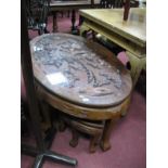 Chinese Oval Coffee Table with Exotic Bird Carving To Top, on six cabriole legs, together with