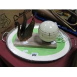 A Ceramic Art Deco Plated Tray, (green and white) plus an Art Deco style swan table lamp on bun