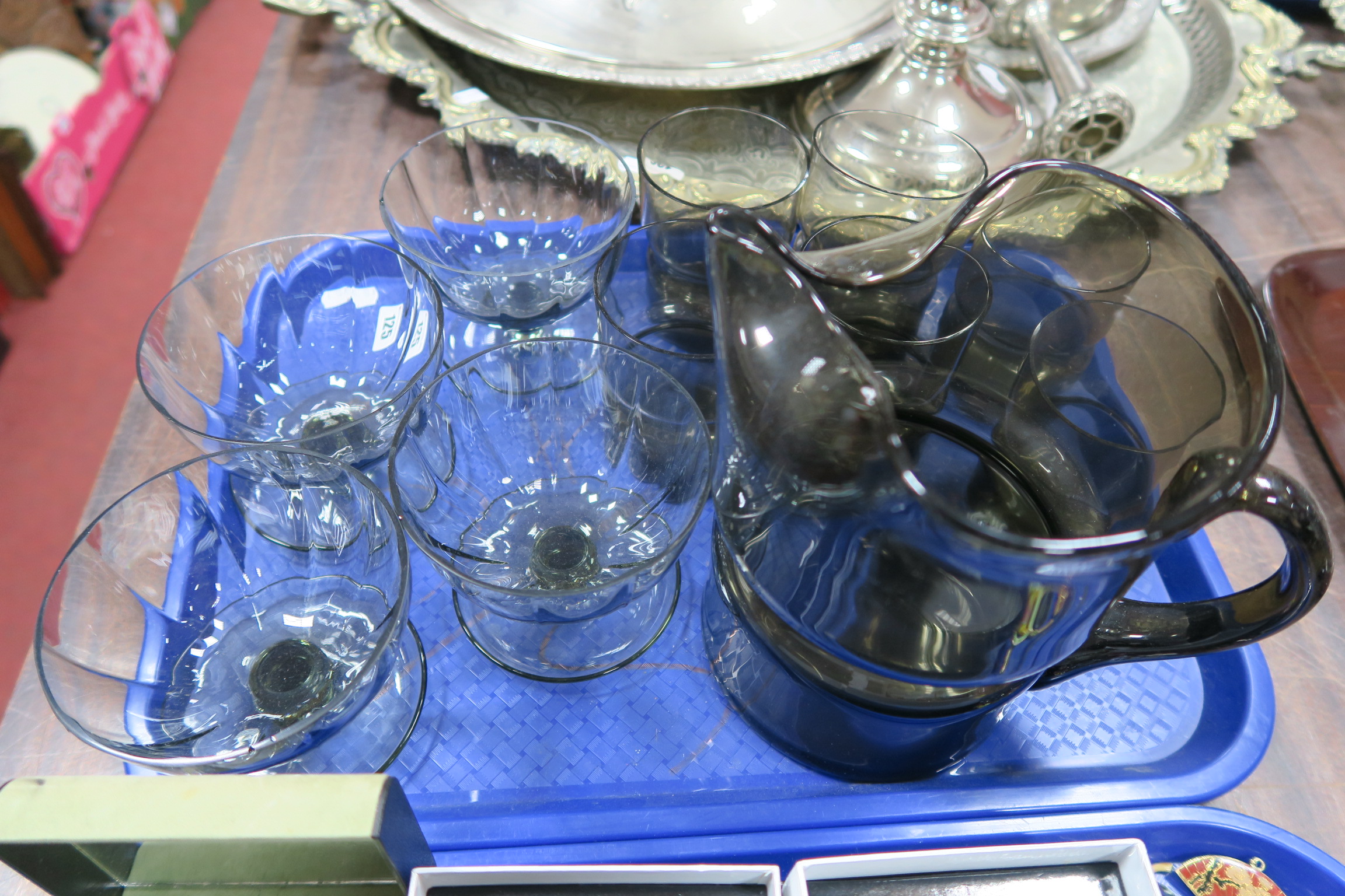 C.1960's Whitefriars Smoked Glass Pinch Top Water Jug, with six matching tumblers; four dessert