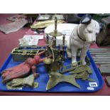 Cast Iron Money Box of Nipper, brass range items, pair of boots, fenders etc:- One Tray.