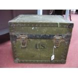 A U.S Army Box, metal bound and studded, with leather carry handles, fall down inner compartment