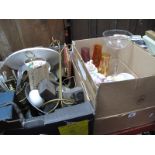 A Gas Mask, printing blocks, metal wares, Ridgeway pottery, glassware, etc:- Two Boxes