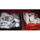 Willow Pattern Plates, other blue and white china, together with leather box of mixed china, etc:-