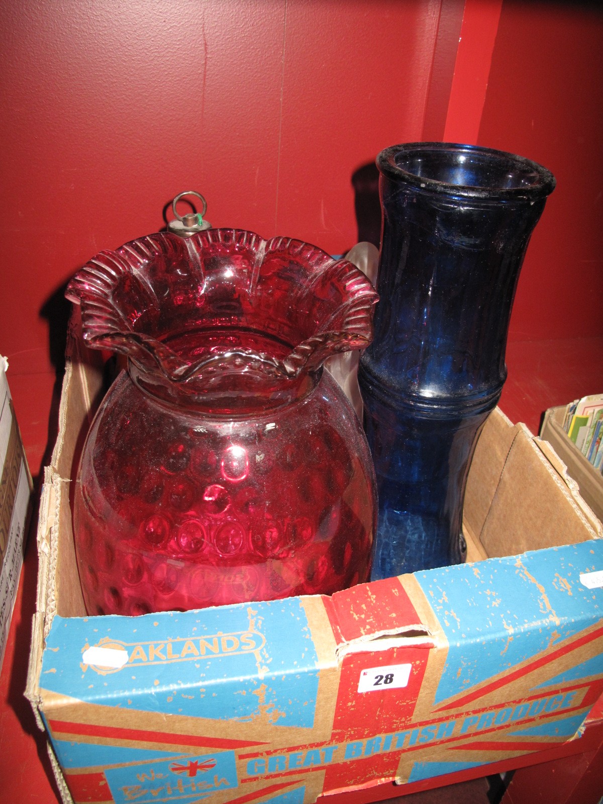 XIX Century Cranberry Glass Oil Lamp Glass shade, blue glass ceiling light with crackle