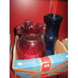 XIX Century Cranberry Glass Oil Lamp Glass shade, blue glass ceiling light with crackle
