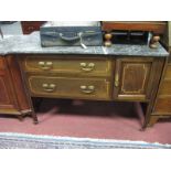 An Edwardian Mahogany Inlaid Washstand, with a marble top, two drawers, cupboard door, on tapering