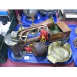 XIX Century Brass Pewter Enema Instrument, brass ashtray and with glass liner, copper brass bugle,