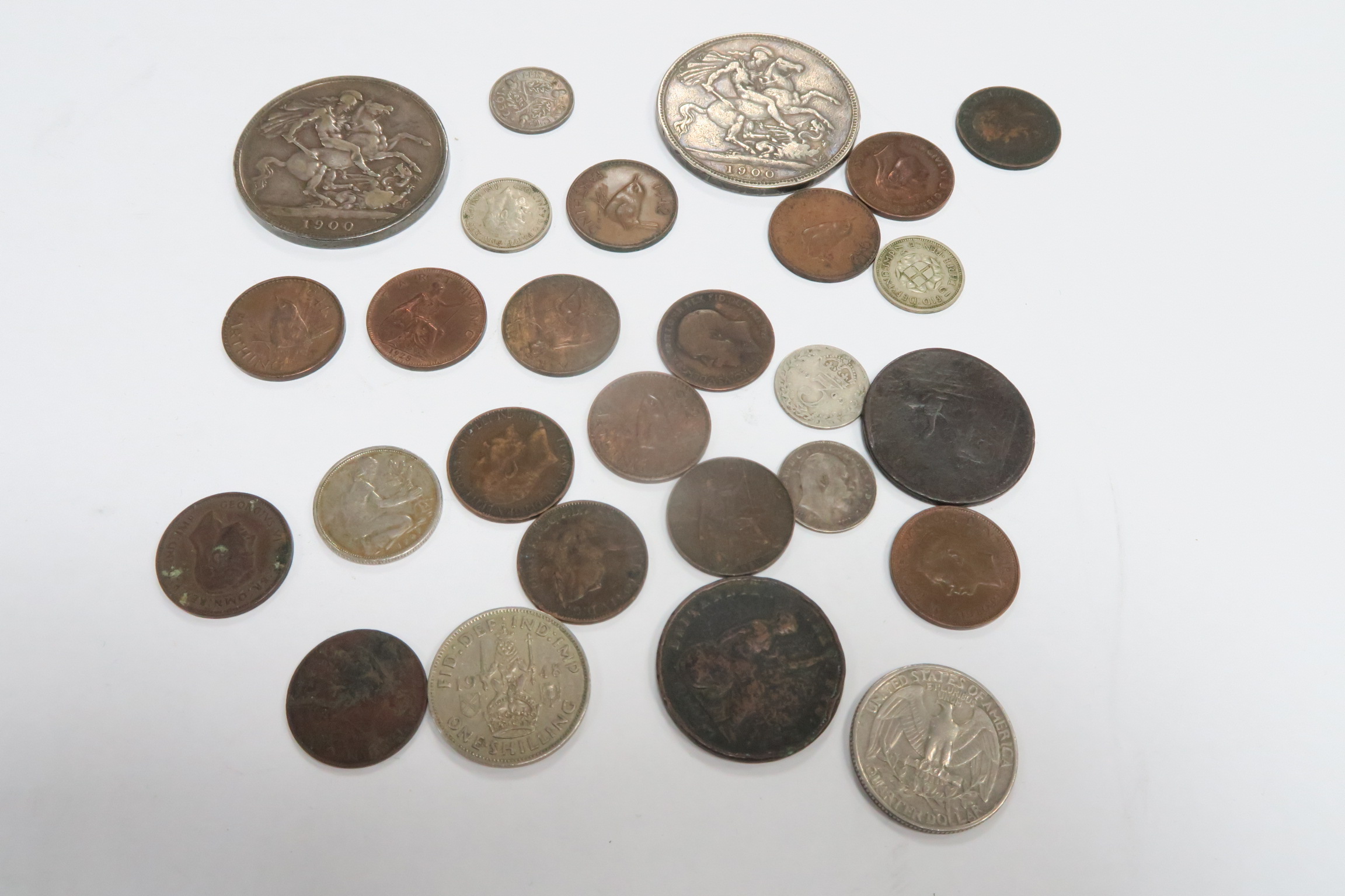 Two 1900 Victoria Crowns, threepence pieces, 1831 half penny, etc.