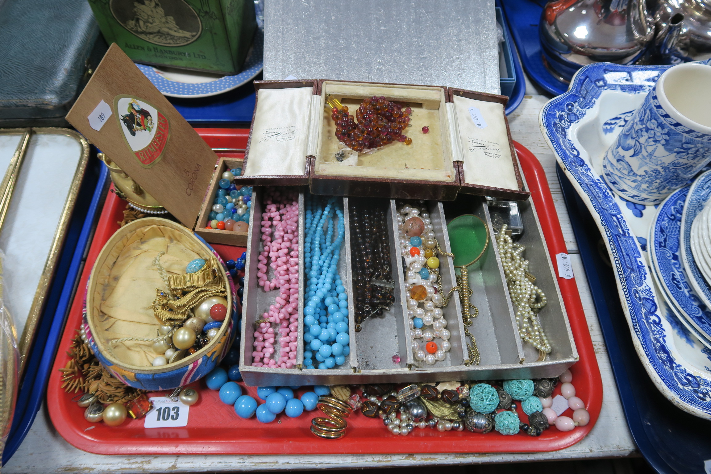 Assorted Costume Jewellery, including beads, imitation pearls, brooches, magnifying glass on