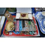 Assorted Costume Jewellery, including beads, imitation pearls, brooches, magnifying glass on