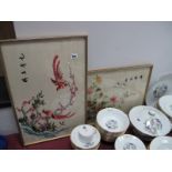 Two Chinese silk Embroidered Depiction of Exotic Birds, amongst flowering foliage, 35 x 54cm and