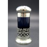 A Hallmarked Silver Pepperette, with pull-off cover and blue glass body.