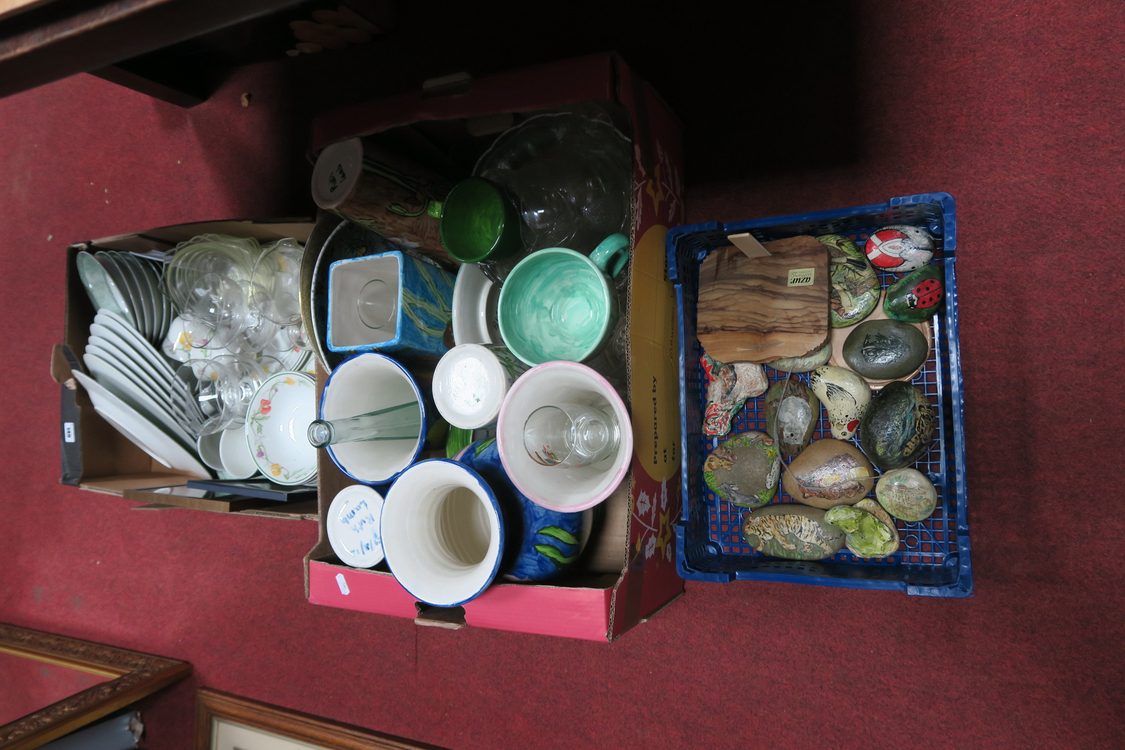 Ruth Lamb Hand Painted Pottery, Johnston's table ware, glassware, painted stones, etc:- Three Boxes