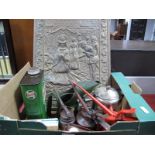 Castrol and Other Oil Cans, plated teapot, brass plaque, small billiard balls, opera glasses, impact