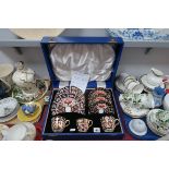 Three Royal Crown Derby Imari Trio's, dated 1918 to 1923, in a later fitted case.