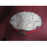 A Post Office Oval Enamel Sign, circa early XX Century featuring arrow to location, on red iron