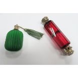 A Ruby Glass Double Ended Scent Bottle, each hinged cover (one detached) detailed in relief;