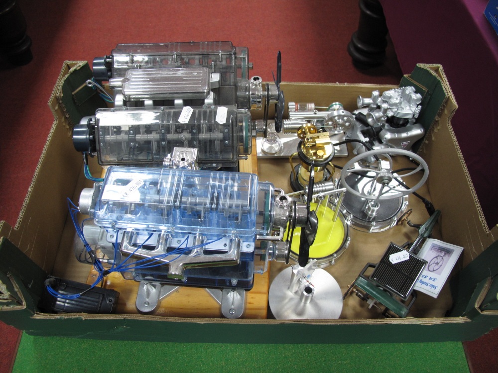 A Selection of kit Built Model Internal Combustion engines, and a solar charged model vehicle.