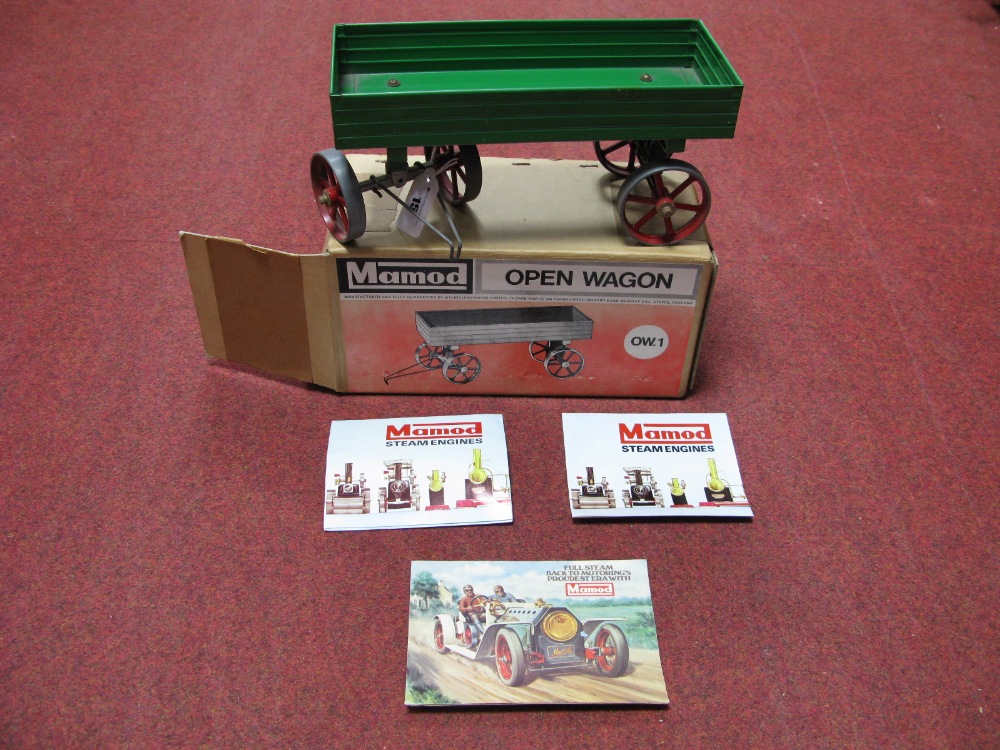 A Mamod OW.1 Open Wagon In Green, appears unused, boxed, plus catalogue.