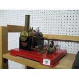 A Mamod SE4 Twin Cylinder Stationary Live Steam Engine, model has been steamed, burner present,