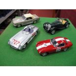 Four 1/18th Scale Diecast Model Cars, including 1960 Lotus Elite and 1964 Ford mustang by Mira of