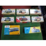 Eight Corgi Diecast Buses, all boxed, Burlingham Seagull, Bedford OB and Half Cab Coaches, including