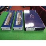 Four Liliput HO Scale DR Camouflage Coaches, in three boxed packs.