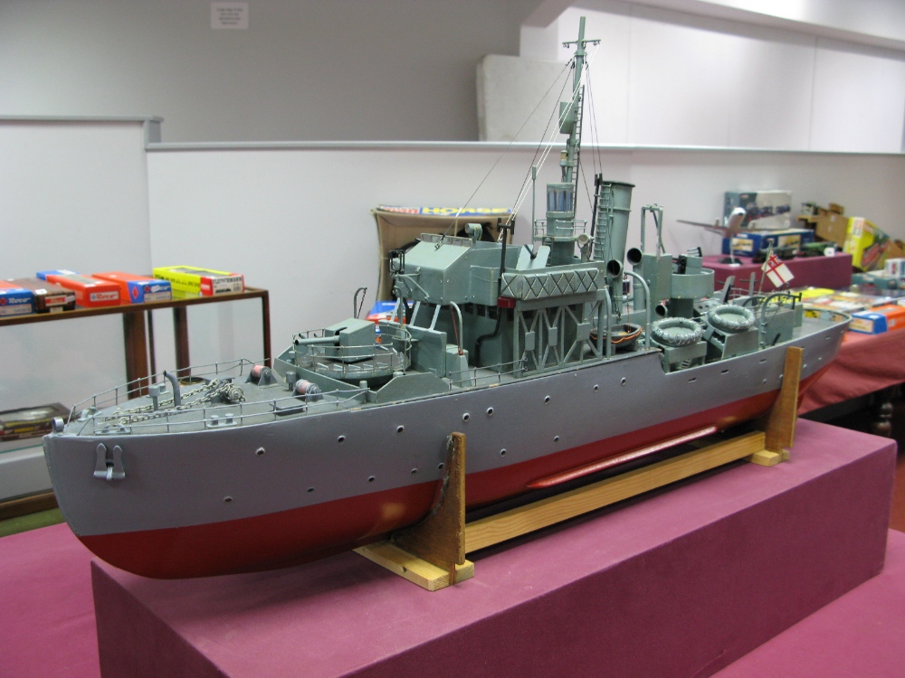 A Scratch Built Wooden Hulled Flower Class Corvette Escort Vessel 'British Navy', battery powered,