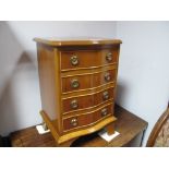 Yew Wood Bedside Bow Front Chest of Four Drawers, 41cm wide.
