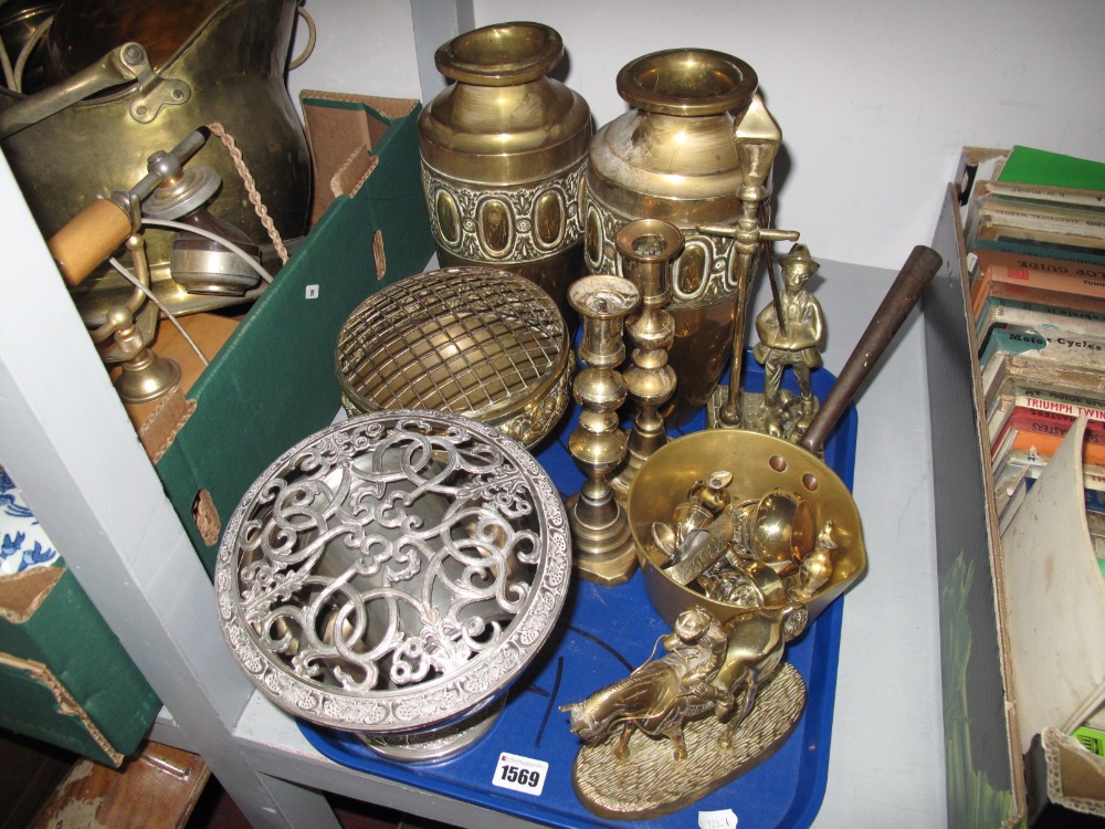 A Pair of Brass Vases, of shouldered ovoid form, a cast brass model of a horse and jockey, model