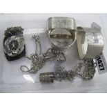 Hallmarked Silver Napkin Rings, pendants on chains, thimble.